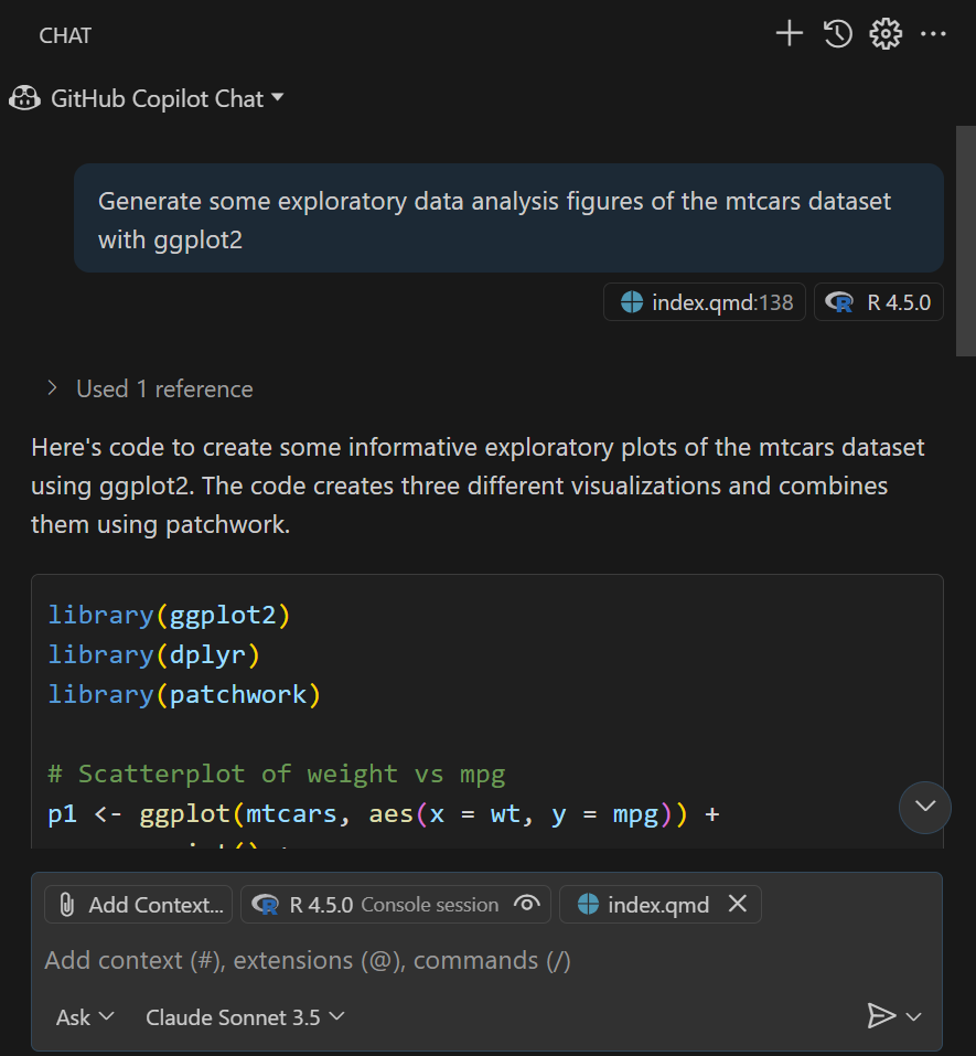 mtcars EDA plots generated by Positron Assistant
