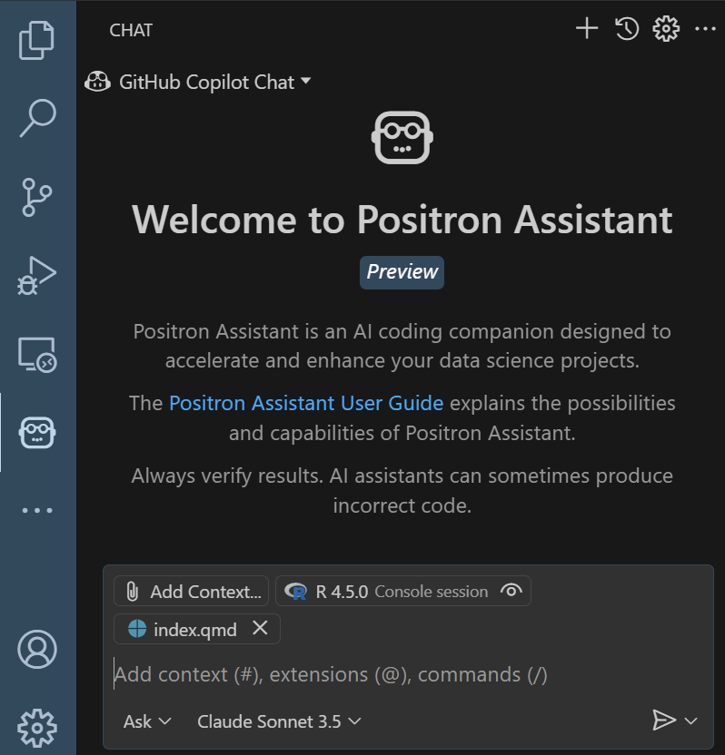 Positron Assistant chat modes: Ask, Edit, Agent